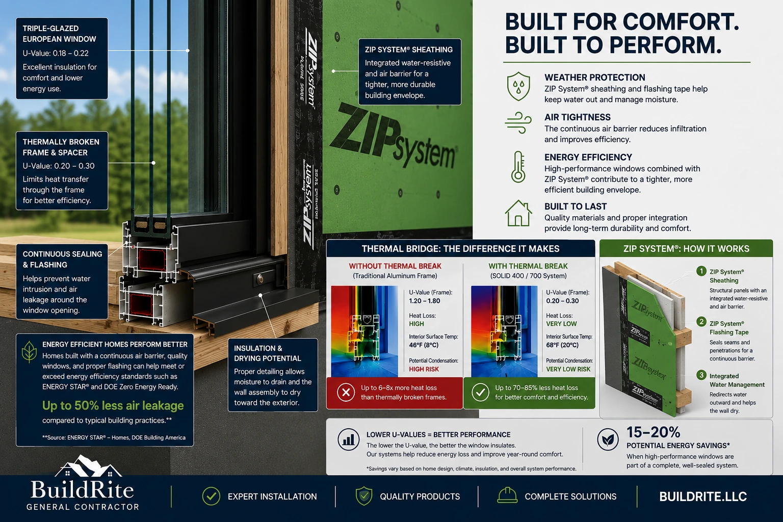 Triple-glazed European window and ZIP System exterior envelope performance infographic